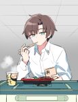  1boy blue_eyes brown_hair chopsticks cooking eating highres holding holding_phone jiitarou long_sleeves mahjong_soul male_focus phone shinomiya_natsuki_(mahjong_soul) shirt short_hair sketch solo white_shirt 