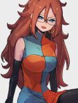  1girl android_21 black_sleeves blue_eyes breasts checkered_clothes checkered_dress detached_sleeves dragon_ball dragon_ball_fighterz dress glasses grey_background hair_between_eyes kemachiku large_breasts long_hair looking_at_viewer open_mouth redhead simple_background sitting smile solo 