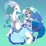  1girl blue_dress blue_eyes blue_hair crossover cure_mermaid dress earrings go!_princess_precure gradient gradient_background haru_283 holding_hands jewelry kaidou_minami long_hair midriff navel necklace pearl_necklace pokemon pokemon_(creature) precure primarina sitting smile tail 