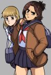  2girls bag blonde_hair brown_eyes brown_hair brown_jacket character_request check_character closed_eyes gabi_braun grey_background grey_eyes half-closed_eye hand_in_pocket handbag highres jacket kaya_(shingeki_no_kyojin) looking_at_viewer mark_gavatino multiple_girls pleated_skirt sailor_collar school_uniform serafuku shingeki_no_kyojin simple_background skirt 