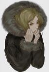  1boy black_coat blonde_hair coat covered_mouth covering_mouth eyelashes fur-trimmed_coat fur_trim hand_over_own_mouth hands_up hanes_025 highres korean_commentary long_sleeves looking_at_viewer original simple_background solo upper_body white_background winter_clothes yellow_eyes 