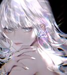  1boy bishounen chromatic_aberration crossdressing earrings flower_earrings gem girly_boy highres jewelry koshika_rina lens_flare looking_at_viewer male_focus original otoko_no_ko pale_skin solo sparkle white_eyes white_hair 