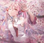  1girl absurdres ahoge armpit_peek bare_shoulders blurry blurry_background blurry_foreground branch breasts cherry_blossoms commentary dappled_sunlight dekalco depth_of_field detached_sleeves fingernails flower hair_between_eyes half-closed_eyes hand_up hatsune_miku headset highres long_hair long_sleeves looking_at_viewer medium_breasts necktie outdoors parted_lips petals pink_eyes pink_flower pink_hair red_necktie sakura_miku shirt skirt sleeveless sleeveless_shirt solo sunlight teeth tree twintails very_long_hair vocaloid white_flower white_shirt wing_collar 