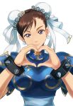  1girl artist_request bracelet brown_hair chun-li double_bun earrings hair_bun heart heart_hands jewelry looking_at_viewer non-web_source own_hands_together pink_eyes ribbon solo street_fighter 