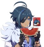  1boy :t black_gloves blue_eyes blue_hair cape dark-skinned_male dark_skin eating eyepatch fingerless_gloves food fruit fur-trimmed_cape fur_trim genshin_impact genshin_impact_sticker_redraw_(meme) gloves hair_between_eyes highres kaeya_(genshin_impact) male_focus meme short_hair watermelon yuu_(mboj_fdk) 