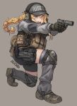  1girl aiming aqua_eyes bangs blonde_hair braid brown_footwear clothes_writing commission english_commentary ergot gloves grey_background grey_headwear gun hair_between_eyes handgun hat headphones highres holding holding_gun holding_weapon indie_virtual_youtuber knee_pads long_hair long_sleeves military one_knee open_mouth simple_background single_braid solo vest virtual_youtuber weapon whiskey_project 