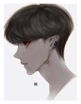  1boy adam&#039;s_apple bangs black_hair earclip eyelashes from_side hanes_025 highres korean_commentary looking_away original parted_lips pointy_ears portrait profile red_eyes short_hair sideburns simple_background solo 