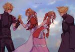  2boys 2girls aerith_gainsborough alternate_universe aqua_eyes armor arms_behind_back bandaged_arm bandages bangle bangs bare_arms belt blonde_hair blue_shirt blush bracelet braid braided_ponytail breasts brown_hair buttons choker cloud_strife clouds cloudy_sky cropped_jacket dress dual_persona final_fantasy final_fantasy_vii final_fantasy_vii_advent_children final_fantasy_vii_remake flower gloves green_eyes grey_shirt hair_between_eyes hair_ribbon halter_dress halterneck high_collar holding holding_flower jacket jewelry kingdom_hearts kingdom_hearts_ii leaning_forward long_dress long_hair looking_at_another medium_breasts multicolored_clothes multicolored_dress multiple_belts multiple_boys multiple_girls official_alternate_costume open_collar pants parted_bangs pink_dress pink_ribbon red_jacket red_ribbon ribbon sera_(serappi) shirt short_hair short_sleeves shoulder_armor sidelocks sky sleeveless sleeveless_shirt sleeveless_turtleneck smile spiky_hair suspenders turtleneck waist_cape yellow_flower 