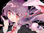 1girl :o animal_ears bangs black_background black_jacket blazer collared_shirt commentary index_finger_raised jacket long_hair long_sleeves looking_at_viewer mikako_chan3 necktie open_mouth pink_skirt purple_hair rabbit_ears rabbit_girl rabbit_tail red_necktie reisen_udongein_inaba shirt simple_background skirt solo tail touhou white_shirt 