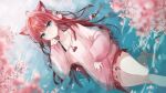  1girl animal_ears aqua_eyes bare_legs cat_ears cat_girl cherry_blossoms commission in_water long_hair long_sleeves lying miniskirt on_back original partially_submerged petals pink_sweater pleated_skirt red_skirt redhead saiko_(saisaka) skeb_commission skirt sweater 