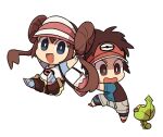  1boy 1girl blue_eyes bright_pupils brown_hair chibi commentary double_bun doughnut_hair_bun grey_shorts hair_bun jacket legwear_under_shorts long_hair lowres nate_(pokemon) open_mouth pokemon pokemon_(creature) pokemon_(game) pokemon_bw2 raglan_sleeves red_headwear rosa_(pokemon) scared sewaddle shoes short_sleeves shorts ssalbulre twintails visor_cap white_pupils yellow_shorts 