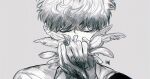  1boy bangs closed_eyes covered_mouth eyelashes facing_viewer feathers fingernails greyscale hands_up hanes_025 holding korean_commentary monochrome original own_hands_together portrait short_hair simple_background solo 