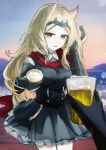  1girl 1other absurdres animal_ears archetto_(arknights) arknights black_dress black_gloves blonde_hair blue_eyes breasts commentary_request cup dress drink drinking_straw forehead frilled_dress frills gloves hand_up heterochromia highres holding holding_cup long_hair long_sleeves looking_at_viewer mizuhashi_parusui mountain outdoors parted_lips pleated_dress red_eyes small_breasts solo_focus sunset very_long_hair 