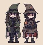  2girls assault_rifle bangs belt black_footwear blunt_bangs boots breast_pocket brown_belt brown_cape brown_headwear brown_jacket buttons cape character_request chibi cigarette closed_mouth commentary_request contemporary copyright_request daewoo_k2 full_body gloves green_belt green_cape green_headwear green_jacket green_shirt gun hands_in_pockets hat hat_belt jacket kalashnikov_rifle kare kneehighs korean_commentary long_hair long_sleeves looking_at_viewer messy_hair military military_jacket military_uniform mouth_hold multiple_girls original pantyhose pentagram pocket pointy_ears red_armband red_cape red_eyes republic_of_korea_army rifle ringed_eyes shirt short_hair sidelocks simple_background sling socks soldier standing twintails two-tone_cape type_88_(assault_rifle) uniform weapon white_background witch witch_hat 