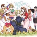  3girls 4boys aerith_gainsborough animal_hat aqua_eyes armor baggy_pants bandaged_arm bandages bangle bangs basket belt birthday_cake black_footwear black_hair black_shorts blonde_hair blue_pants blue_shirt boots bracelet braid braided_ponytail brown_eyes brown_gloves brown_hair cake calf_socks choker cloud_strife collared_shirt cosplay cropped_jacket curly_hair dark-skinned_female dark-skinned_male dark_skin dated dress falling_petals female_child final_fantasy final_fantasy_vii final_fantasy_vii_remake flower flower_choker food fur_collar fur_gloves glasses gloves green_eyes green_scarf green_shirt hair_between_eyes hair_ribbon hand_on_another&#039;s_head hand_up happy_birthday hat head_wreath highres holding holding_basket holding_cake holding_flower holding_food holding_sack jacket jewelry knee_up kneeling long_dress long_sleeves male_child moggie_(ff7r) moogle moogle_(cosplay) multiple_belts multiple_boys multiple_girls oates_(ff7r) open_mouth outstretched_arms pants parted_bangs petals pink_dress pink_ribbon pink_shirt purple_pants red_jacket ribbon sack scarf shirt short_hair short_sleeves shorts shoulder_armor sidelocks sitting sleeveless sleeveless_turtleneck smile spiky_hair sunglasses suspenders teeth throwing_petals turtleneck twitter_username upper_teeth wavy_hair white_background white_footwear white_gloves white_headwear white_pants white_shirt yellow_flower you_(blacknwhite) 