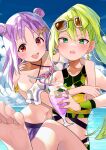  2girls absurdres alina_gray alina_gray_(swimsuit_costume) aqua_eyes arm_over_shoulder bangs bare_shoulders barefoot bikini blue_sky blush breasts clouds earrings frilled_bikini frills green_hair hair_between_eyes hair_bun hair_ornament highres holding jewelry long_hair looking_at_viewer magia_record:_mahou_shoujo_madoka_magica_gaiden mahou_shoujo_madoka_magica mamadasky misono_karin misono_karin_(swimsuit_costume) multiple_girls ocean open_mouth parted_bangs ponytail purple_hair sky small_breasts smile star_(symbol) star_hair_ornament sunglasses swimsuit yellow_bikini 