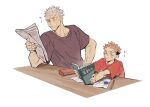 2boys book brown_eyes brown_shirt child closed_mouth commentary_request eraser frown grandfather_and_grandson grey_hair highres holding holding_book holding_newspaper itadori_wasuke itadori_yuuji jujutsu_kaisen male_child male_focus multiple_boys newspaper old old_man paper pencil_case pink_hair red_shirt shirt short_hair short_sleeves sikkarisitee simple_background spiky_hair table undercut upper_body white_background 