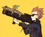  1boy black-framed_eyewear black_cape cape commentary from_side holding holding_weapon jacket lance_(pokemon) lizard long_sleeves male_focus parted_lips pokemon pokemon_(game) pokemon_hgss redhead short_hair simple_background spiky_hair ssalbulre sunglasses upper_body weapon yellow_background 