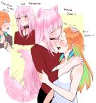 2girls animal_ears bangs blush collar dog_ears earrings english_text feather_earrings feathers gradient_hair highres hololive hololive_english jewelry kiss kissing_forehead leash long_hair miyamoto_(dominocube6) mori_calliope multicolored_hair multiple_girls open_mouth orange_hair pink_eyes pink_hair smile tail tail_wagging takanashi_kiara violet_eyes virtual_youtuber yuri 