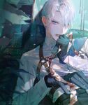  1boy bishounen black_gloves blood blood_on_clothes buckle chest_harness collared_shirt gloves grey_hair hair_over_one_eye harness hato_(dovecot) highres looking_at_viewer male_focus original rain shirt short_hair solo uniform white_hair 