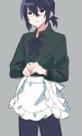  1boy apron black_eyes black_hair facing_viewer glasses grey_background highres jiitarou kisaragi_ren_(mahjong_soul) looking_to_the_side mahjong_soul male_focus pants scowl short_hair short_ponytail sketch solo sweat teeth waist_apron 