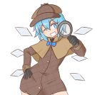  beret blue_eyes blue_hair blush bow bowtie cirno detective gloves hat magnifying_glass mizusoba one_eye_closed smile touhou white_background 