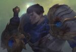  1boy 42nkooon armor artist_name blood blood_on_clothes blood_on_face blue_eyes breastplate brown_hair dirty dirty_face dust garen_(league_of_legends) gloves league_of_legends light light_rays looking_to_the_side male_focus mature_male outdoors scarf short_hair shoulder_armor signature sky solo spiky_hair sun sunlight sword weapon 