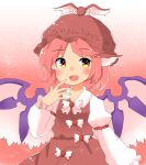  1girl animal_ears bird_ears bird_wings blush brown_dress brown_headwear dress ellipsis_(mitei) fingernails hat highres long_sleeves mystia_lorelei open_mouth pink_eyes pink_hair sharp_fingernails short_hair smile solo touhou upper_body white_wings winged_hat wings 