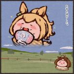  ._. 2girls ahoge animal_ears black_border blonde_hair blush_stickers border bowl brown_hair casual commentary fence field food food_on_face grass hairband high_ponytail horse_ears horse_girl horse_tail huge_ahoge jaggy_lines long_hair masakappa meisho_doto_(umamusume) multicolored_hair multiple_girls official_alternate_costume outdoors pink_hairband plaid plump rice rice_bowl short_hair sparkle taiki_shuttle_(umamusume) tail tearing_up translated two-tone_hair umamusume white_hair wooden_fence 