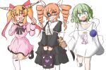 blush bow bowtie dress eyepatch ibuki_suika knife komeiji_koishi leg_up long_sleeves mizusoba pink_dress touhou twin_drills twintails white_background yorigami_jo&#039;on