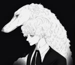  1boy animal bangs closed_mouth collared_shirt colored_sclera curly_hair dog formal greyscale hanes_025 highres jacket looking_away monochrome neck_ribbon original portrait ribbon roy_(hanes_025) shirt short_hair signature simple_background suit 