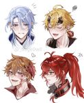  4boys ahoge anger_vein angry antenna_hair artist_name bangs black_shirt blonde_hair blood blood_on_face blue_eyes blue_hair blush clenched_teeth closed_eyes collarbone collared_shirt commentary_request cropped_shoulders diluc_(genshin_impact) diluc_(red_dead_of_night)_(genshin_impact) dog_tags fake_horns fang genshin_impact hair_between_eyes hair_over_shoulder headband heart high_ponytail highres hoge_(hoge0w0) horned_headwear horns japanese_clothes kamisato_ayato kimono long_hair looking_at_viewer low_ponytail male_focus mask mask_on_head medium_hair mole mole_under_mouth multiple_boys nose_blush notice_lines open_mouth orange_hair parted_bangs parted_lips ponytail profile raised_eyebrows red_eyes red_mask red_shirt redhead round_teeth shirt short_hair sidelocks skin_fang smile squiggle swept_bangs tartaglia_(genshin_impact) teeth thoma_(genshin_impact) tongue twitter_username upper_body v-shaped_eyebrows violet_eyes white_background 