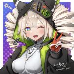  1girl artist_name black_jacket blonde_hair bodysuit breasts commentary_request doyamona drill_hair fang hand_up highres hood hood_up hooded_jacket jacket looking_at_viewer medium_breasts multicolored_eyes one_eye_closed open_mouth portrait shiro_(tower_of_fantasy) solo tower_of_fantasy twin_drills v white_bodysuit 