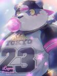  1boy alp_(housamo) animal_ears artist_name backwards_hat bangle blush bracelet braid character_name chewing_gum colored_sclera commentary_request dated english_text furry furry_male glint gradient gradient_background hat highres jewelry looking_to_the_side male_focus necklace panda_boy panda_ears plump purple_trim ragun_(lagoon_bluebear) shirt signature solo star_(symbol) t-shirt tokyo_afterschool_summoners twitter_username upper_body violet_eyes yellow_sclera 