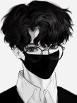  1boy bangs covered_mouth eyelashes glasses greyscale hanes_025 highres korean_commentary looking_at_viewer mask monochrome mouth_mask original portrait round_eyewear short_hair simple_background solo 