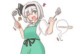  apron belt black_bow bob_cut bow green_eyes holding konpaku_youmu konpaku_youmu_(ghost) ladle mizusoba one_eye_closed open_mouth shirt simple_background spatula touhou white_background white_hair wooden_spoon 