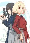  2girls bangs belt black_hair blonde_hair blue_dress breasts closed_mouth commentary_request dress grey_dress gun hair_ribbon handgun highres holding holding_gun holding_weapon inoue_takina long_hair long_sleeves looking_at_viewer lycoris_recoil lycoris_uniform multiple_girls nishikigi_chisato open_mouth pleated_dress red_eyes red_ribbon ribbon short_hair simple_background taruya violet_eyes weapon 