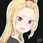  1girl bangs_pinned_back black_background blonde_hair close-up hair_tie highres iori_(keihh) keihh long_hair looking_at_viewer open_mouth original solo violet_eyes wavy_mouth 