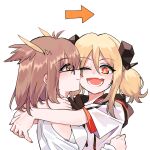  2girls ;d arknights arrow_(symbol) bangs bare_shoulders black-framed_eyewear blonde_hair brown_eyes brown_hair closed_mouth clothing_cutout fang glasses hair_between_eyes highres hood hood_down hoodie hug ifrit_(arknights) kiss kissing_cheek long_sleeves looking_at_viewer low_twintails multiple_girls one_eye_closed orange_eyes profile rotem_(25rot) shirt short_sleeves shoulder_cutout silence_(arknights) simple_background smile twintails white_background white_hoodie white_shirt yuri 