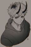  1boy bangs collarbone cropped_torso earrings from_above greyscale hanes_025 highres hood hood_down hoodie horns jewelry looking_at_viewer looking_up monochrome multicolored_hair oni_horns original short_hair signature simple_background smile solo streaked_hair stud_earrings 