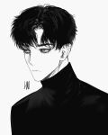  1boy bangs closed_mouth eyelashes frown greyscale hanes_025 highres looking_away monochrome original portrait short_hair sideways_glance signature simple_background solo turtleneck 