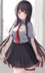  1girl absurdres bangs black_hair black_skirt commentary_request gradient_hair hair_ornament hairclip highres long_hair multicolored_hair necktie original red_eyes red_necktie redhead school_uniform shirt short_sleeves skirt solo tanshio white_shirt 