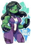  1girl absurdres black_gloves breasts character_name clenched_hands colored_skin commentary_request fingerless_gloves gloves green_eyes green_hair green_skin highres large_breasts looking_at_viewer marvel muscular muscular_female rariatto_(ganguri) she-hulk solo superhero white_background 