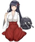  1girl adapted_costume black_hair breasts cannon fusou_(kancolle) hair_ornament hakama highres japanese_clothes kantai_collection kimono kuaixue_shiqing large_breasts long_hair red_hakama rigging sitting solo turret violet_eyes wariza white_kimono wide_sleeves 