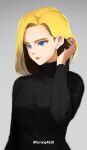  1girl absurdres adjusting_hair android_18 black_shirt blonde_hair blue_eyes breasts commentary_request dragon_ball highres horang4628 korean_commentary long_sleeves medium_hair parted_lips shirt simple_background solo twitter_username upper_body 
