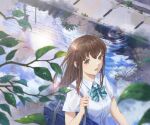  1girl bag bangs blue_sky bow bowtie brown_eyes brown_hair green_bow green_bowtie gurafuru leaf long_hair looking_at_viewer open_mouth original outdoors puddle reflection school_bag school_uniform shirt sky striped striped_bow striped_bowtie white_shirt 