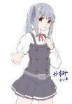  blue_ribbon brown_eyes dress grey_hair grey_ribbon hair_ribbon kantai_collection kasumi_(kancolle) kasumi_kai_ni_(kancolle) koito_(shi_marl_marl) long_hair long_sleeves looking_at_viewer neck_ribbon pinafore_dress red_ribbon ribbon shirt side_ponytail simple_background sleeveless sleeveless_dress white_background white_shirt 