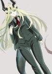  1girl ahoge arknights blonde_hair dragon_horns dragon_tail dutch_angle formal green_eyes grey_background highres horns jiru_(6pp_ab) long_hair necktie reed_(arknights) suit tail 