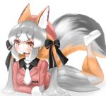 1girl absurdres animal_costume animal_ear_fluff animal_ears blazer fox_ears fox_girl fox_tail gloves grey_hair hat highres island_fox_(kemono_friends) itkr_226 jacket kemono_friends kemono_friends_v_project long_hair looking_at_viewer microphone multicolored_hair necktie orange_eyes orange_hair ribbon simple_background skirt smile solo tail twintails virtual_youtuber white_background 
