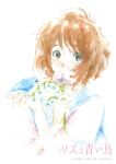  1girl artist_request bangs bird blue_sailor_collar bluebird brown_eyes brown_hair flower hands_up hibike!_euphonium highres holding holding_flower kitauji_high_school_uniform liz_to_aoi_tori looking_at_viewer neckerchief official_art oumae_kumiko painting_(medium) pink_neckerchief sailor_collar school_uniform serafuku shirt short_hair short_sleeves traditional_media uniform watercolor_(medium) white_background white_shirt 